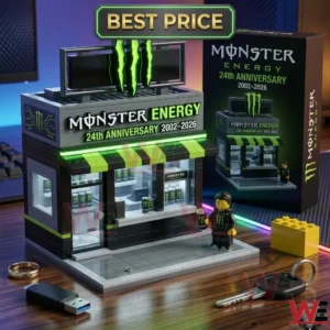 A commemorative building block store for Monster Energy with neon green lighting and anniversary labels displayed on a wooden surface with office accessories!