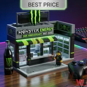 A detailed toy store model for Monster Energy is shown with its interior stocked with miniature products! A real energy drink bottle and a video game controller are placed nearby on a dark wood desk!