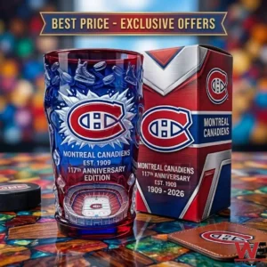 A blue and red hockey themed anniversary glass and its original packaging on a decorative table!
