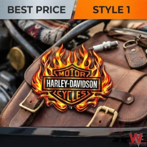 Flaming motorcycle shield logo on a brown leather bag.
