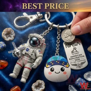 NASA themed keychain with astronaut and planet charms on blue velvet!