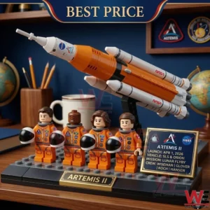 A brick model of a space rocket and four astronaut figures on a display base with an information plaque!