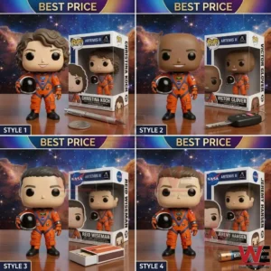 A collage showing four different astronaut vinyl figures with their boxes and various small items on a table!