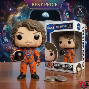 NASA Artemis II Crew 2026 Launch Pop Figure 4 A smiling female astronaut figure in an orange suit stands next to her packaging on a desk!