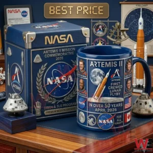 A blue NASA mission mug and a luxury leather box with Artemis II mission graphics placed on a desk with space themed collectibles.