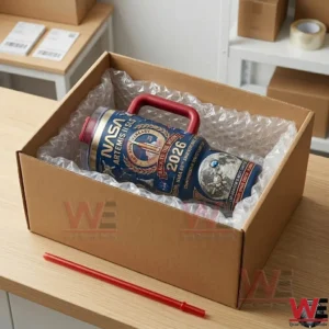 A blue insulated mug with NASA mission art packed for shipping in a cardboard box with bubble wrap and a red straw nearby.