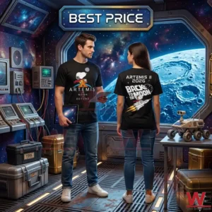 Two people wearing black Artemis mission t shirts in a space cabin with a lunar view through the window!