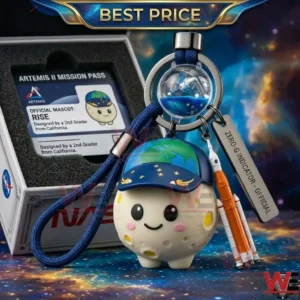 NASA moon mascot keychain with rocket accessory and mission pass!