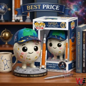 A detailed photo of a collectible toy box on a wooden desk! The box holds a smiling cratered moon figure wearing an Earth and star pattern cap! Next to the figure are two small SLS rockets! Box text is clearly legible! A silver pen and a mug are next to the box!