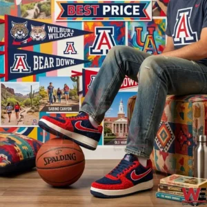 Red and blue fuzzy sneakers worn by a person with one foot on a basketball in a sports themed room!
