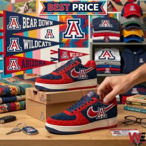 Custom Arizona Wildcats sneakers on a table surrounded by university apparel and accessories!