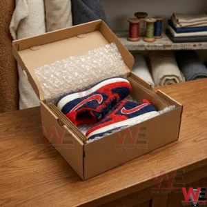 Arizona Wildcats sneakers packed with bubble wrap inside a cardboard shipping box on a wooden table!