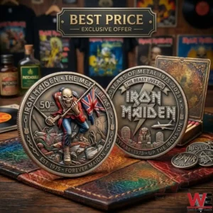 Both sides of a bronze Iron Maiden fifty year anniversary coin showing detailed band artwork!