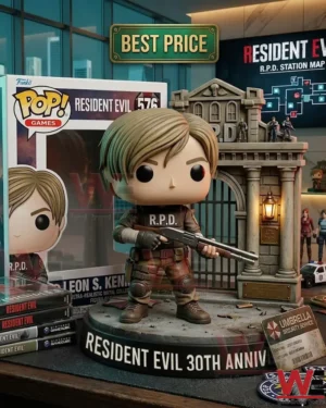Leon S Kennedy vinyl figure with a shotgun and miniature police station entrance on a display base!