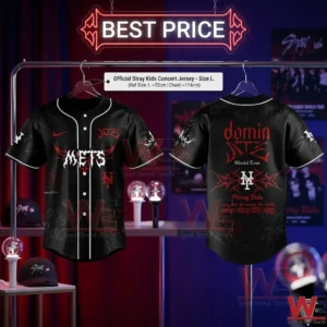 Black Stray Kids Mets jerseys with red and white graphics displayed on a rack with neon lighting and concert merchandise!