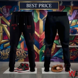 Front and back views of black joggers featuring red Mets and dominATE logos in a studio setting with a graffiti background!
