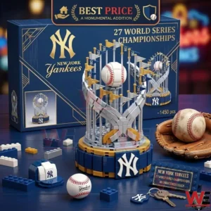 A New York Yankees championship trophy building block set with a baseball and team logos!