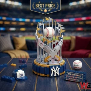 A finished baseball trophy model made of building blocks on a desk!