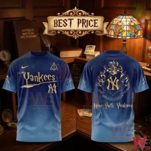 Blue gradient Yankees t shirts with gold Harry Potter logos in a wizarding world study.