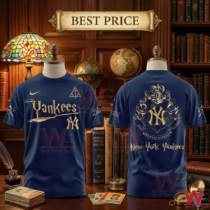 Navy blue Yankees t shirts with gold wizarding world embroidery set among old books and globes.