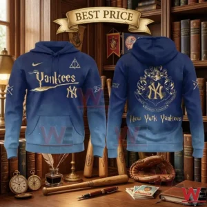 Gradient blue Yankees hoodie with gold Harry Potter logos displayed with baseball gear and vintage books.