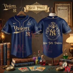 Navy blue Yankees baseball jersey with gold Harry Potter embroidery among potion bottles and old books.