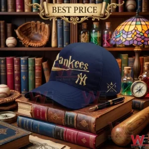 Navy blue Yankees cap with gold Harry Potter logos sitting in a room filled with books and baseball items.