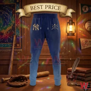 Gradient blue Yankees joggers with gold wizarding world embroidery in a vintage room.