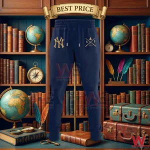 Solid navy blue Yankees joggers with gold logos in front of a library shelf with globes and suitcases.