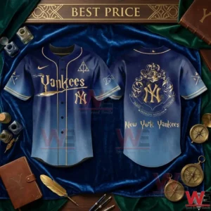 Front and back of a gradient blue Yankees baseball jersey with gold wizarding world logos on blue velvet.
