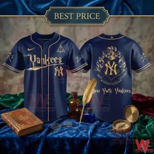 Solid navy Yankees baseball jersey with gold Harry Potter logos and vintage magical accessories.