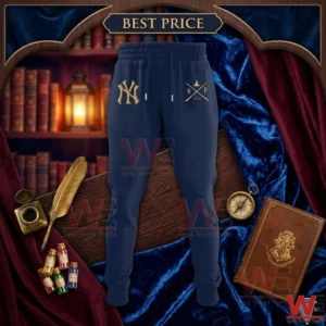Solid navy Yankees joggers with gold wizarding world logos in a dark magical library setting.
