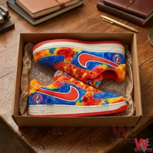 Fuzzy colorful sneakers inside an open cardboard box on a wooden surface!