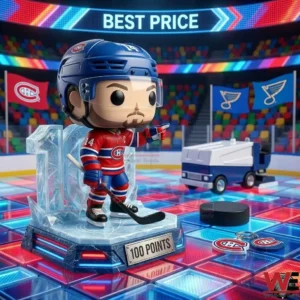 A hockey figure on a glowing base at a colorful stadium with a puck and zamboni!