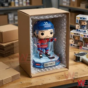 Overhead view of a hockey milestone figure packed in a cardboard box with bubble wrap!