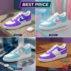 A collection of four custom sneaker designs for a music group on different backgrounds!
