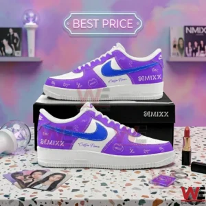 Custom purple and white sneakers with signatures and music group branding on a box!