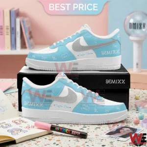 Custom light blue sneakers with a silver glitter logo and signatures on a box!