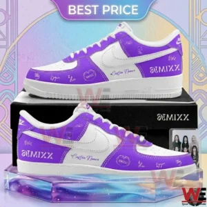Custom purple sneakers with white details and signatures on a decorative stand!