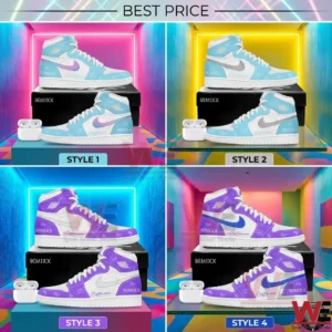 A grid showing four custom sneakers in various blue and purple color combinations!