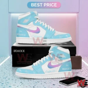 NMIXX 1ST WORLD TOUR EPISODE 1 ZERO FRONTIER Custom Name Air Jordan Shoes 6 Custom light blue high top sneakers with a colorful gradient logo resting on a black box!