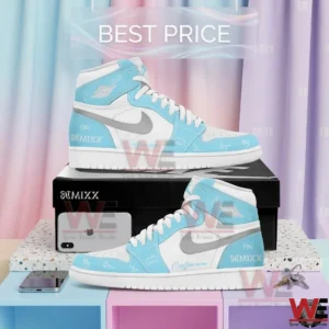 NMIXX 1ST WORLD TOUR EPISODE 1 ZERO FRONTIER Custom Name Air Jordan Shoes 7 Light blue and white custom sneakers with a silver logo shown on a display box!