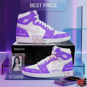 NMIXX 1ST WORLD TOUR EPISODE 1 ZERO FRONTIER Custom Name Air Jordan Shoes 8 Purple and white high top sneakers with custom drawings and a white logo!