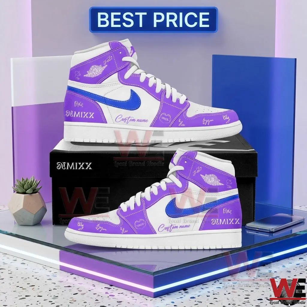 NMIXX 1ST WORLD TOUR EPISODE 1 ZERO FRONTIER Custom Name Air Jordan Shoes 5 Custom purple and white sneakers with a dark blue logo displayed on a glowing platform!