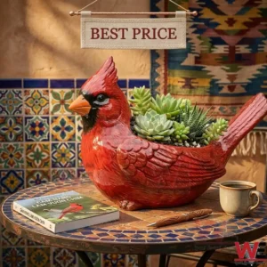 Red bird ceramic planter with green plants on a mosaic table!