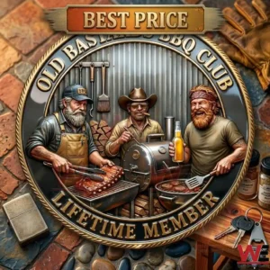 A round metallic wall sign showing three men at a barbecue with the text Old Bastards BBQ Club Lifetime Member.