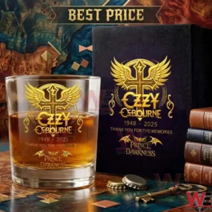 Tribute whiskey glass and black box with gold Ozzy Osbourne engravings!