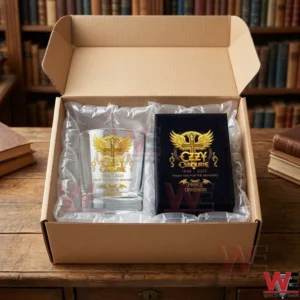 Shipping box containing an Ozzy Osbourne glass and gift box with protective packaging!