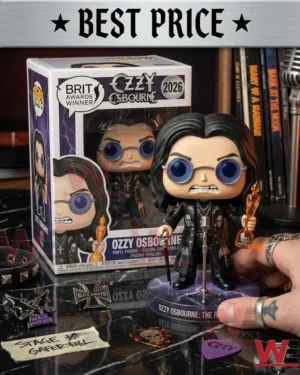 A vinyl collectible figure with round purple sunglasses holding a trophy and standing on a purple base.