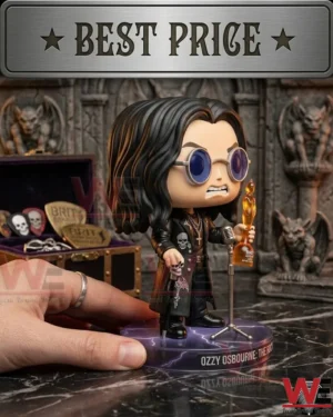 Close up of a toy figure with long black hair and purple glasses holding a small orange statue.